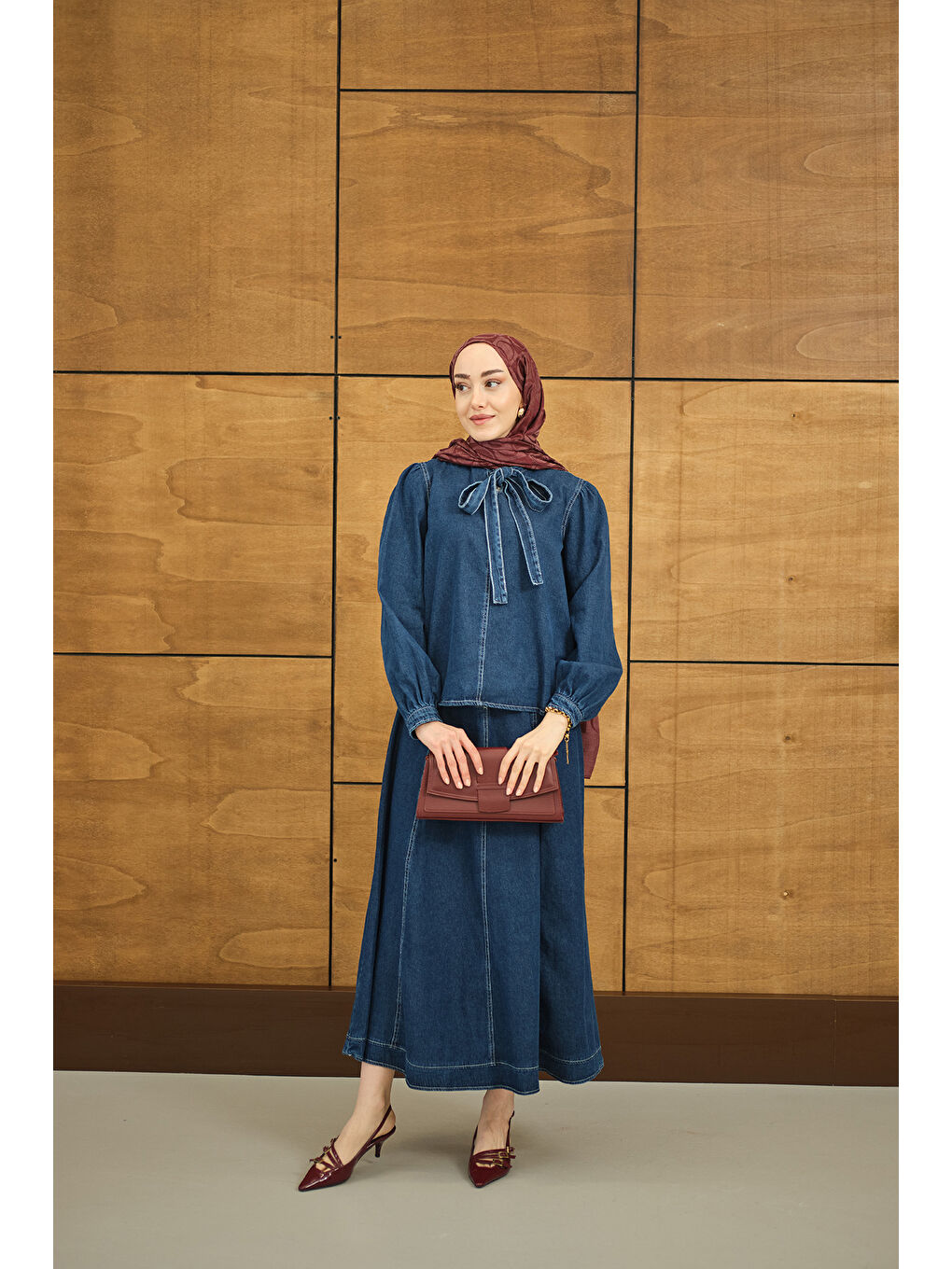 Kadın Yaka Bağlamalı Etekli Jean Takım Lacivert-4