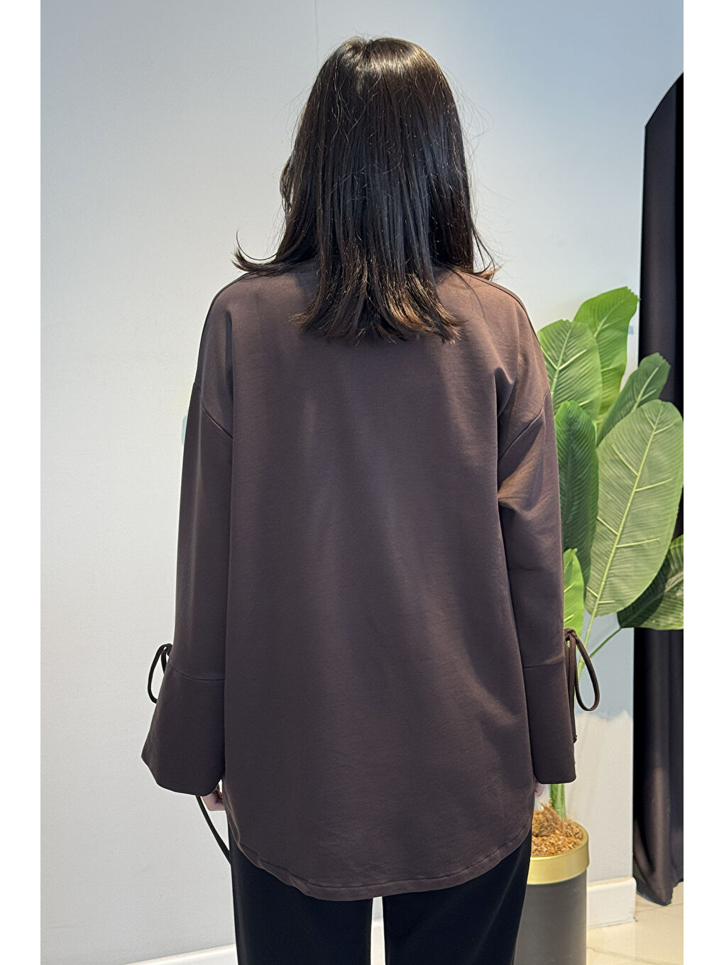 Kahverengi Manşeti ve Beli Bağcık Detay Sweat Tunik 3066 Kahve-4