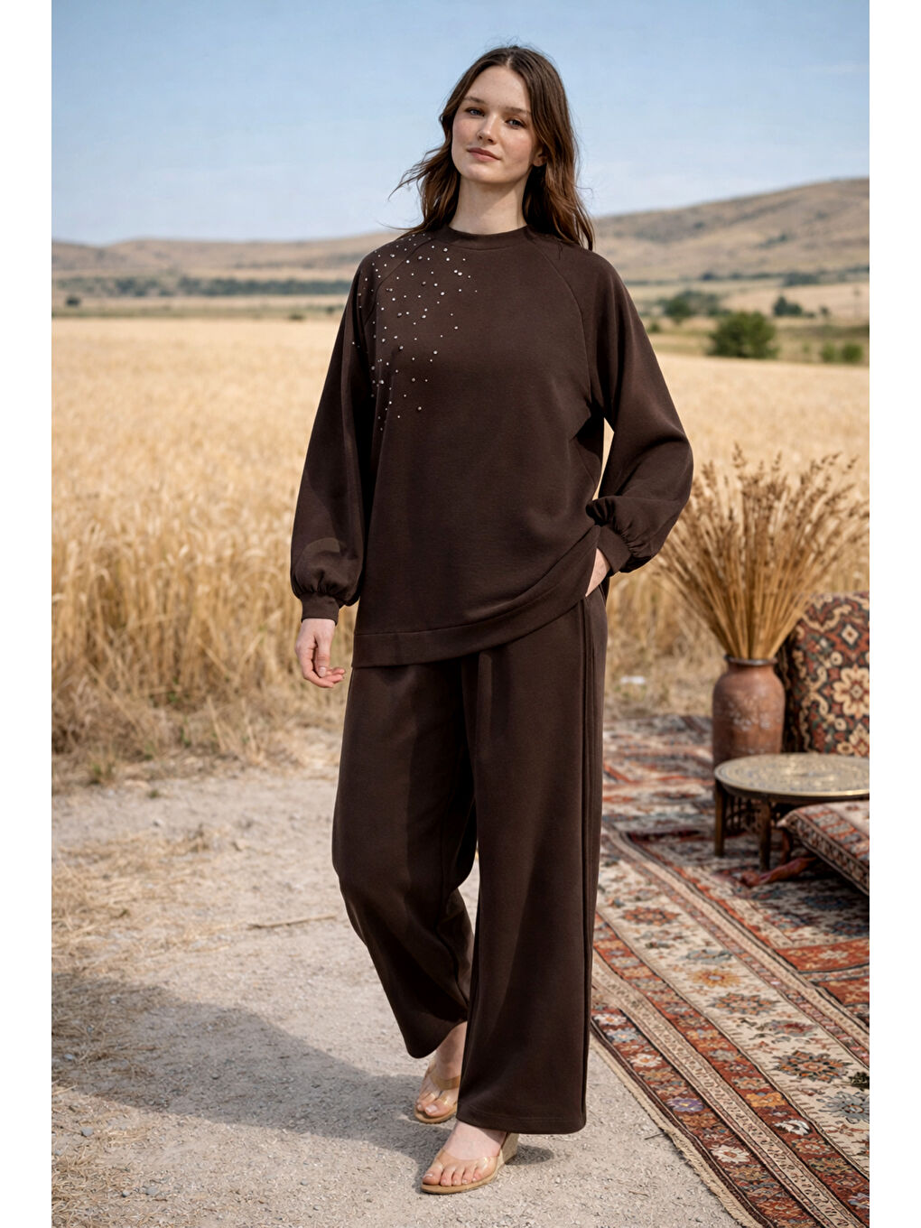 Taş Zımba Detay Tunik Pantolon Takım 1076 Kahverengi-1