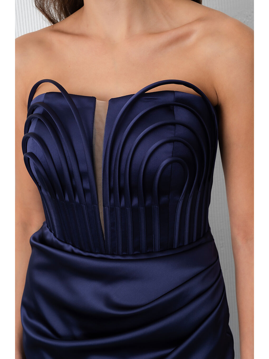 Kadın Lacivert Yaka Detay Saten Uzun Söz Nişan Abiye Elbise-3