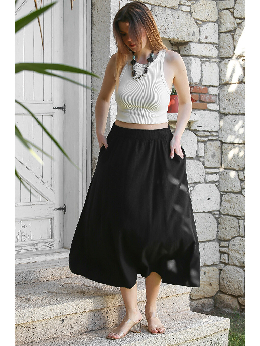 Siyah Gizli Cepli Yıkamalı Lastikli Bel Casual Midi Boy Dokuma Etek 90 66