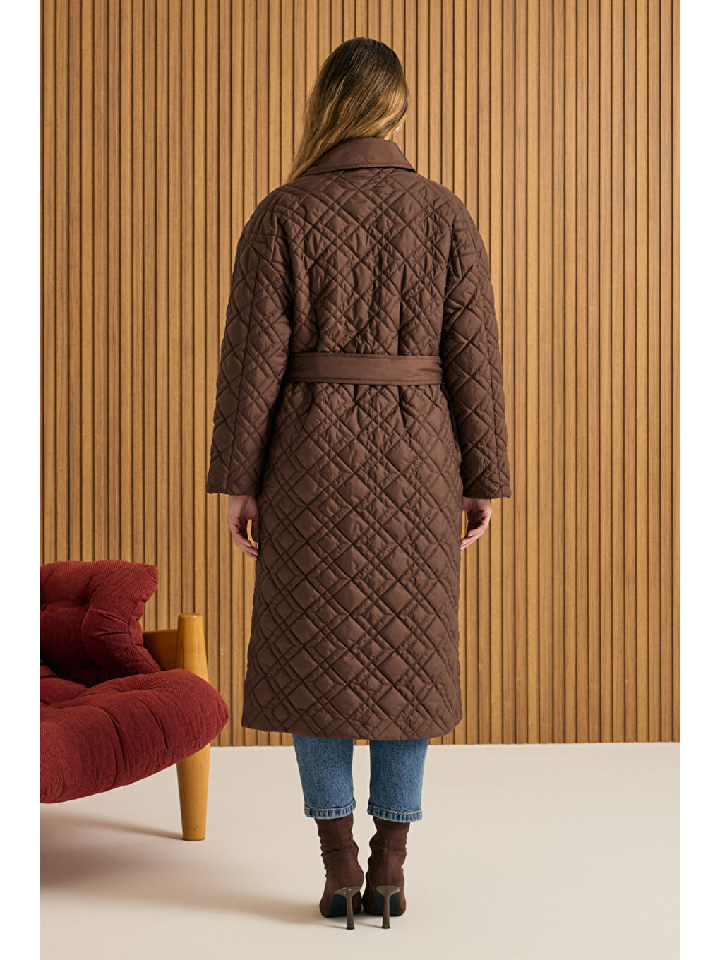 Kahverengi Seyyar Kuşaklı Kapitone Mont-5