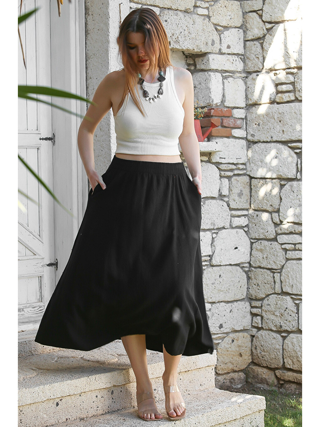 Siyah Gizli Cepli Yıkamalı Lastikli Bel Casual Midi Boy Dokuma Etek 90 66-1