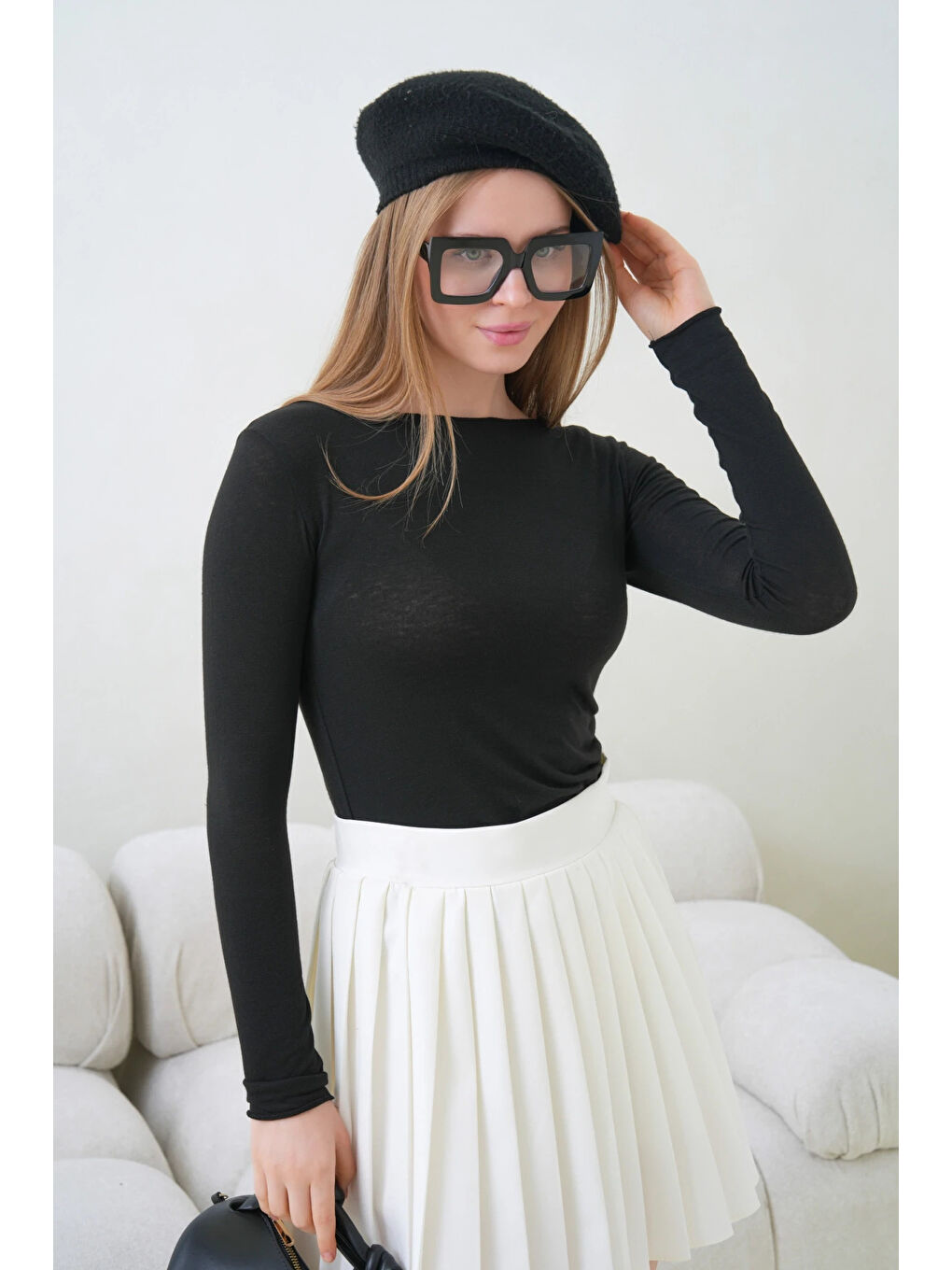 Siyah Kadın Geniş Yaka Uzun Kol Elastanlı Penye Bluz-1