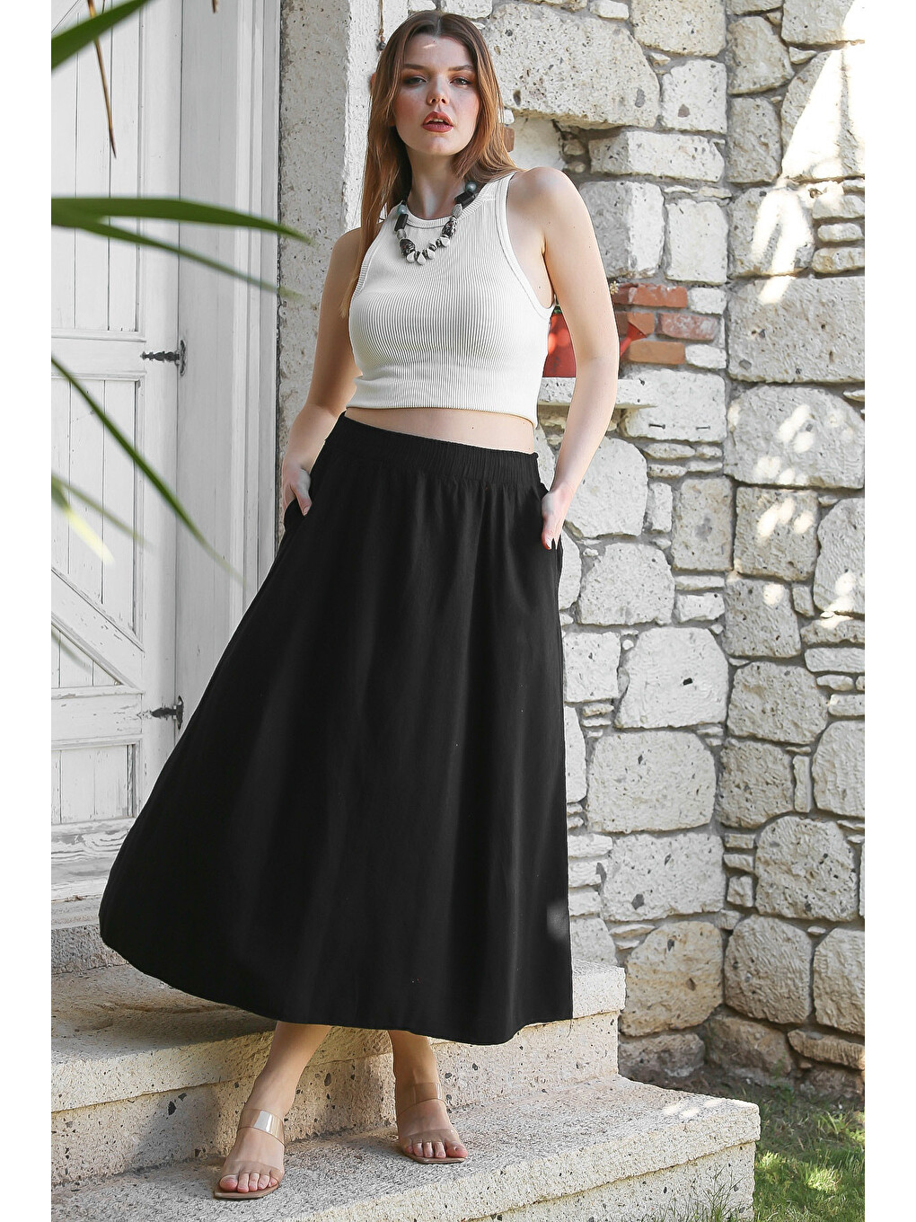 Siyah Gizli Cepli Yıkamalı Lastikli Bel Casual Midi Boy Dokuma Etek 90 66-2