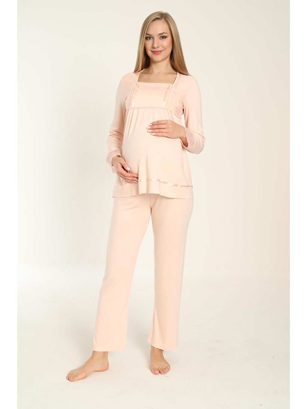 Pembe Uzun Kol Somon Hamile ve Lohusa Pijama Takımı