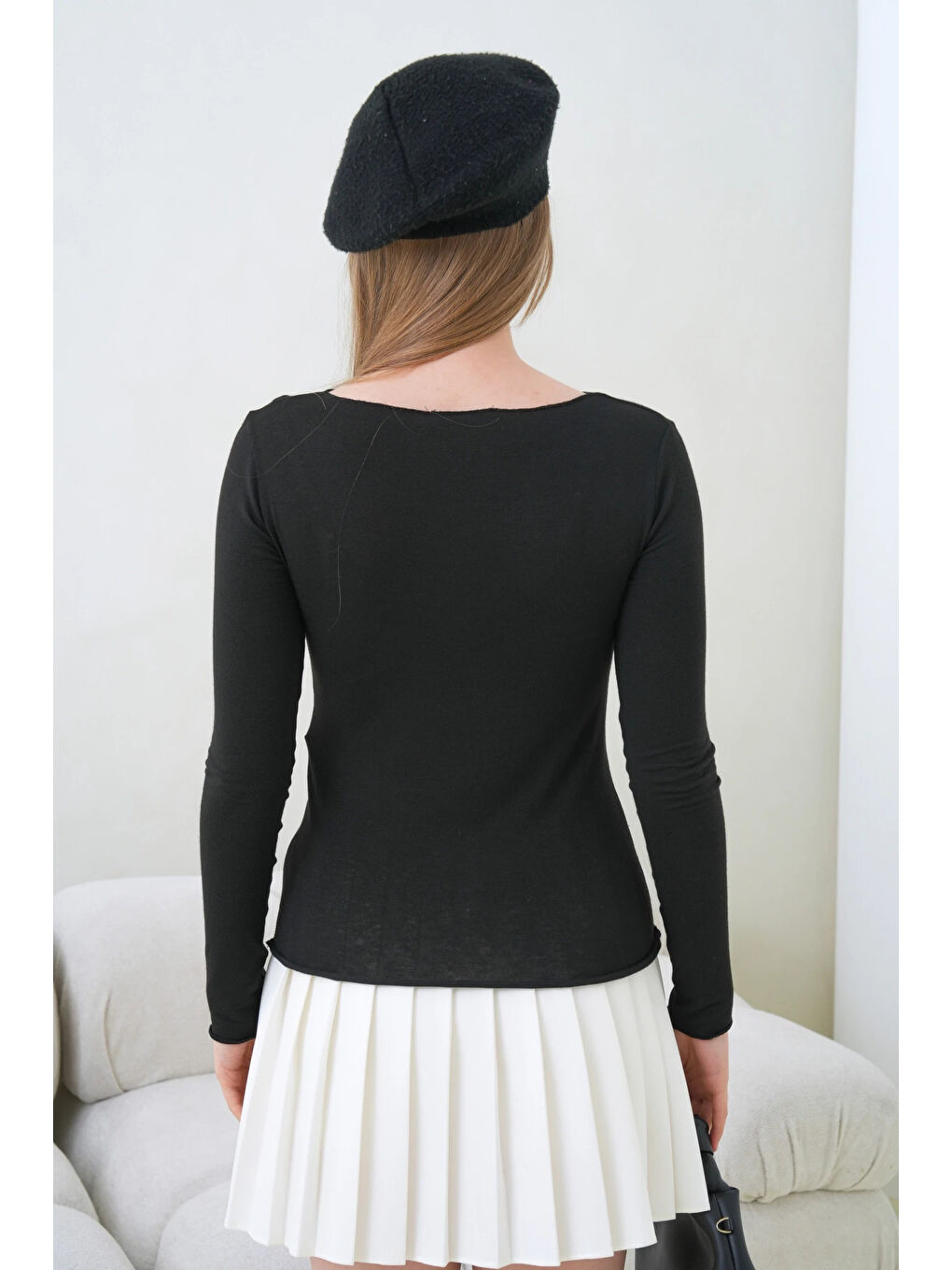 Siyah Kadın Geniş Yaka Uzun Kol Elastanlı Penye Bluz-2