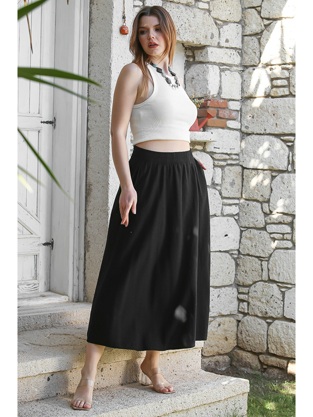 Siyah Gizli Cepli Yıkamalı Lastikli Bel Casual Midi Boy Dokuma Etek 90 66-3