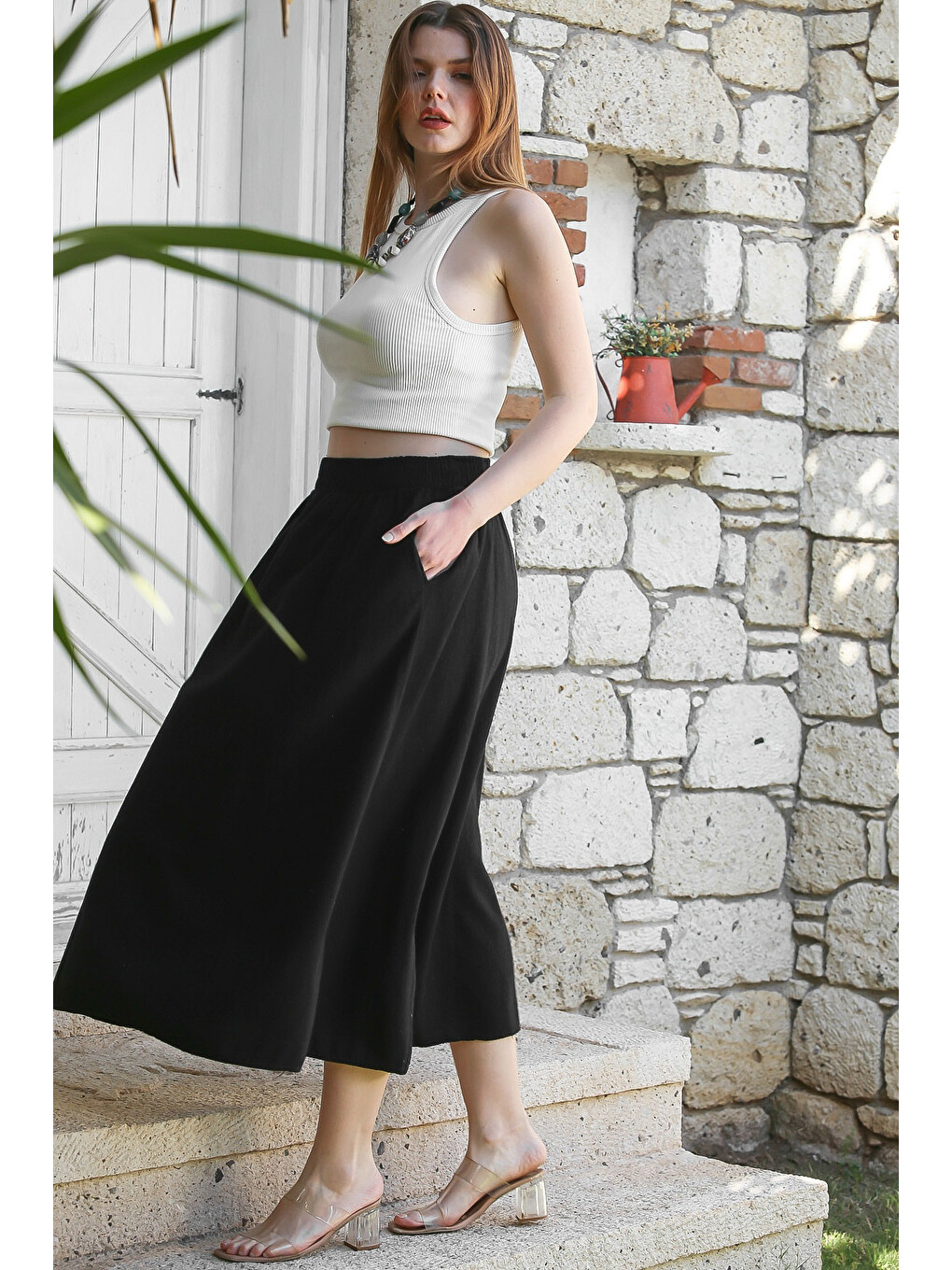 Siyah Gizli Cepli Yıkamalı Lastikli Bel Casual Midi Boy Dokuma Etek 90 66-4