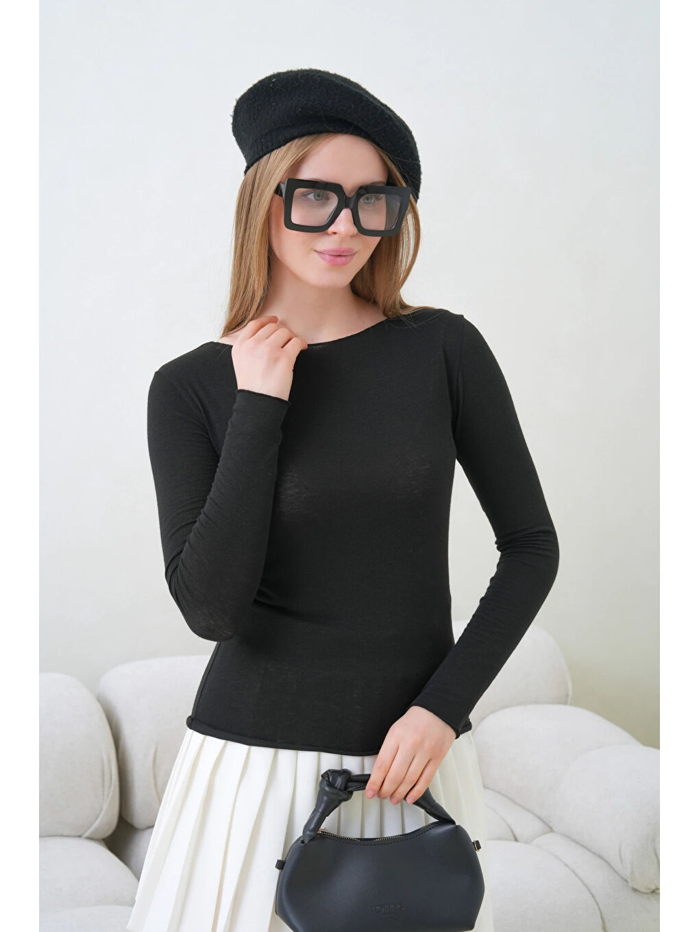 Siyah Kadın Geniş Yaka Uzun Kol Elastanlı Penye Bluz-3