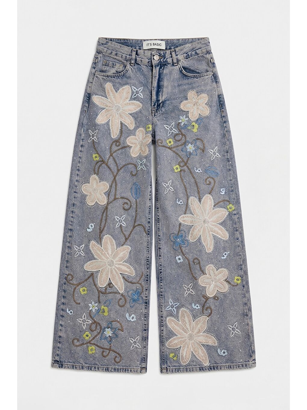 Mavi Kadın Jean Rengi T-3s6-89 Palazzo Fit Nakış ve Parlak Taşlı Özel Tasarım Denim Jean-2