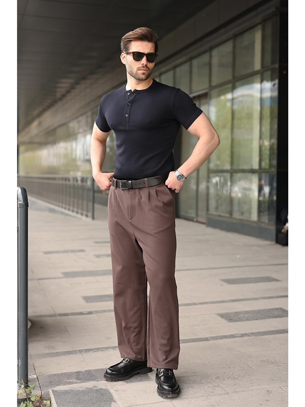 Lacivert Yarım Düğmeli Slim Fit Erkek Tişört E7186-1