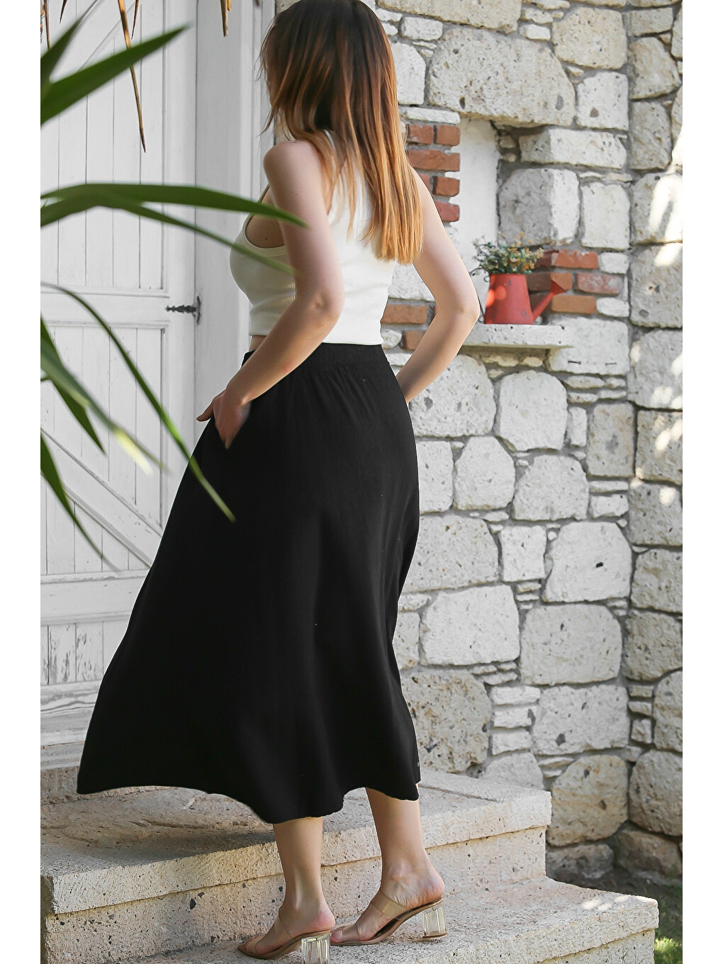 Siyah Gizli Cepli Yıkamalı Lastikli Bel Casual Midi Boy Dokuma Etek 90 66-5