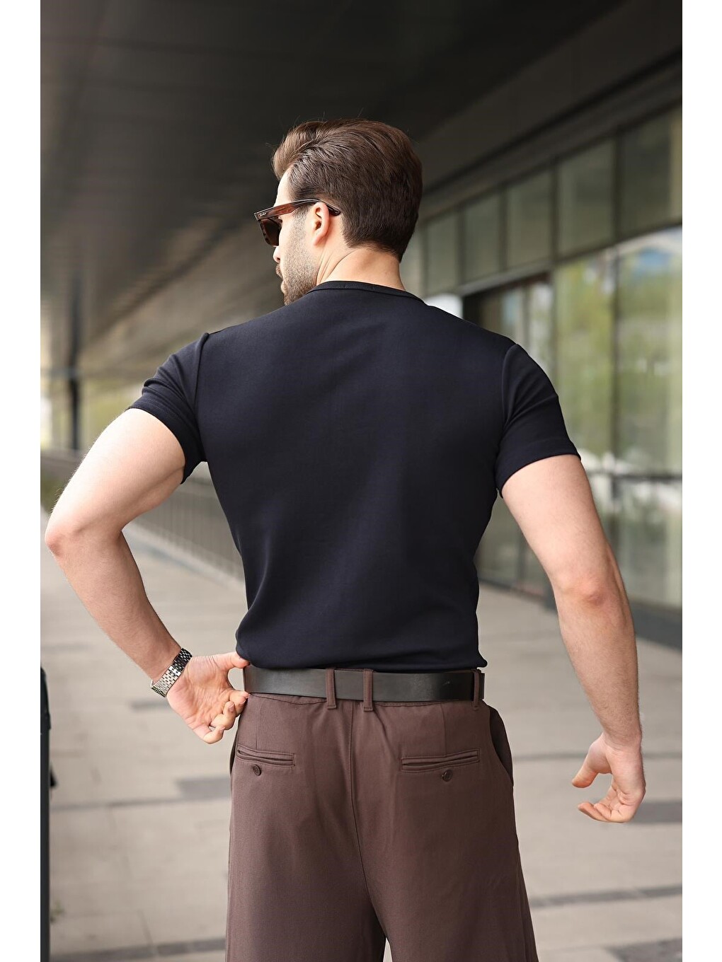 Lacivert Yarım Düğmeli Slim Fit Erkek Tişört E7186-2
