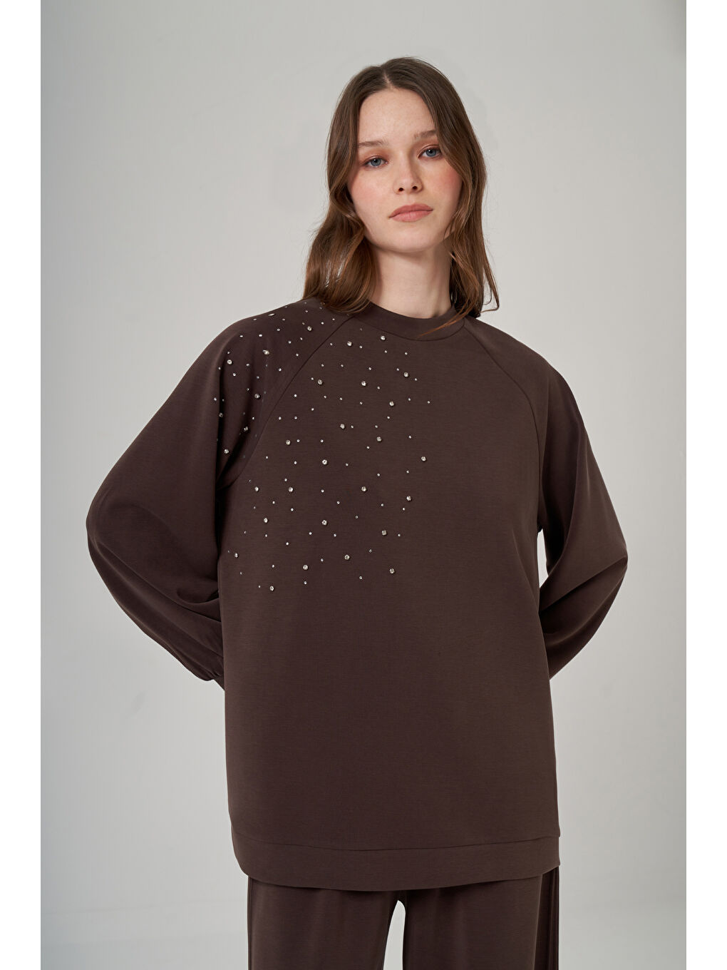 Taş Zımba Detay Tunik Pantolon Takım 1076 Kahverengi-2