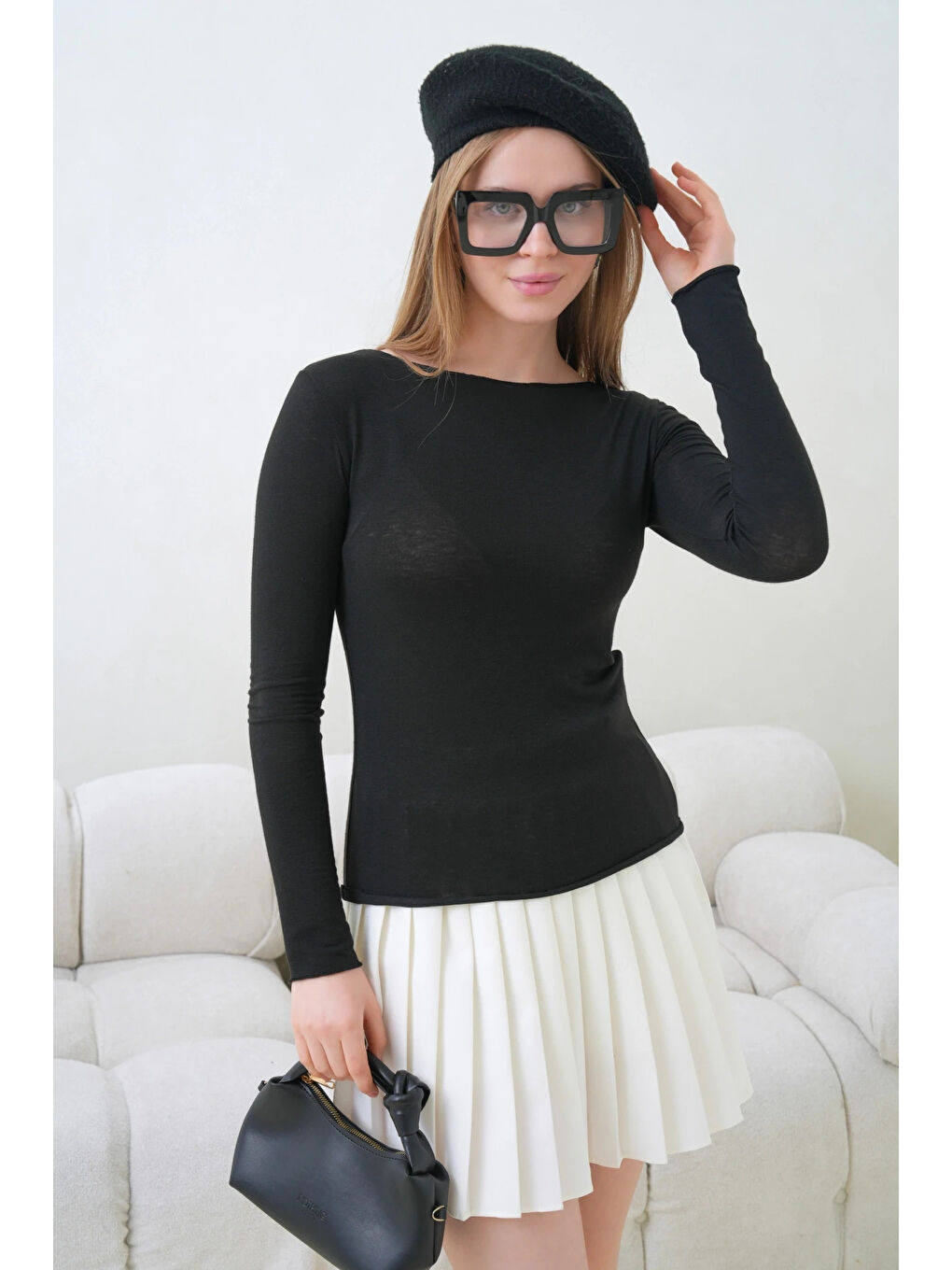 Siyah Kadın Geniş Yaka Uzun Kol Elastanlı Penye Bluz-4