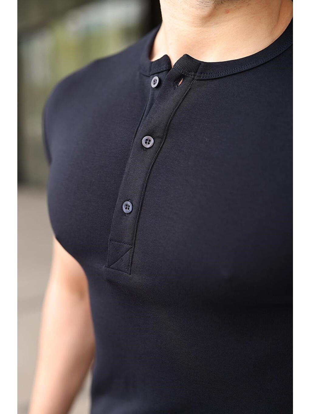 Lacivert Yarım Düğmeli Slim Fit Erkek Tişört E7186-3