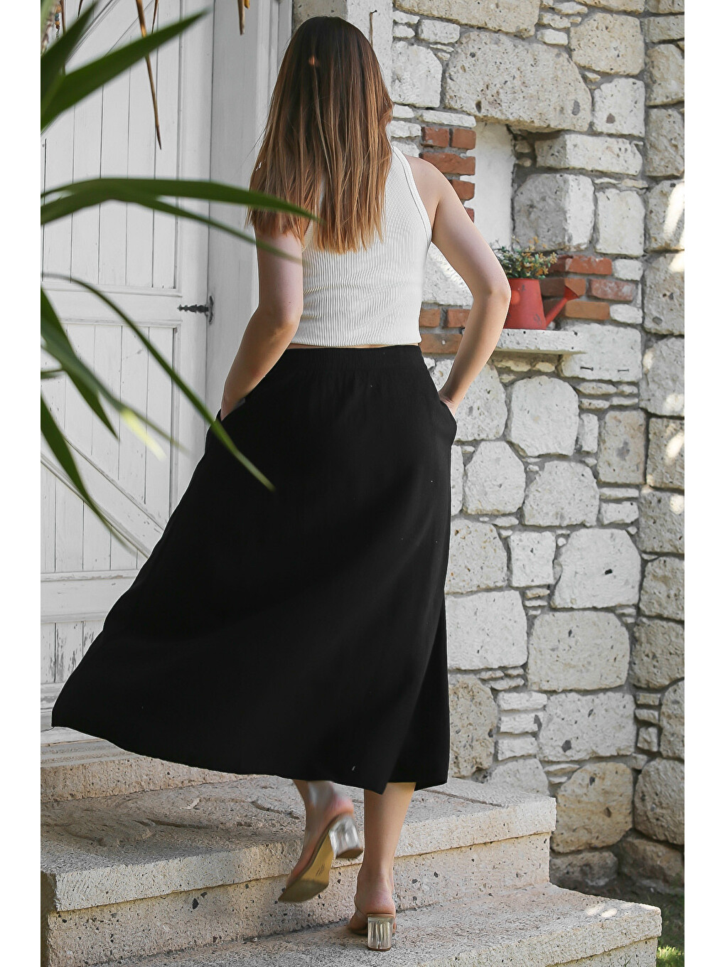 Siyah Gizli Cepli Yıkamalı Lastikli Bel Casual Midi Boy Dokuma Etek 90 66-6