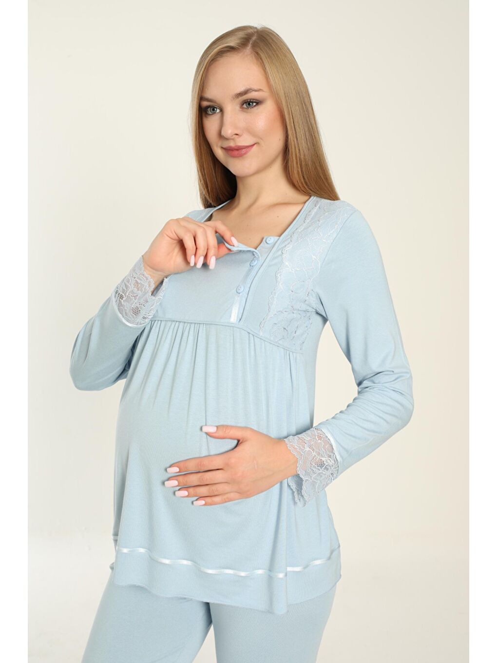 Uzun Kol Bebe Mavisi Hamile ve Lohusa Pijama Takımı-3