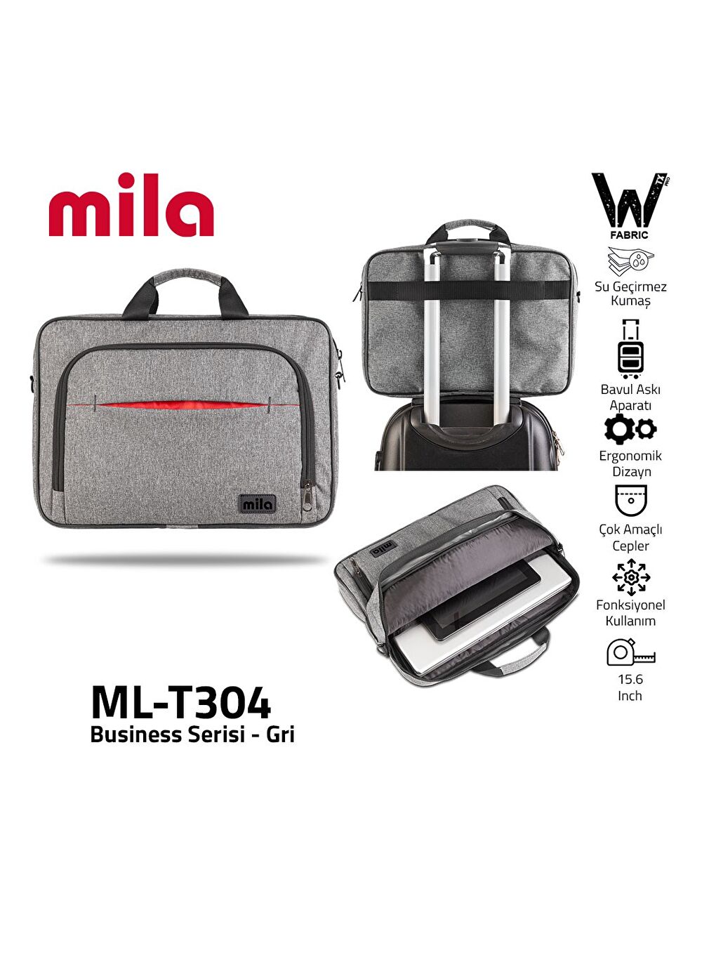Gri Mila ML-T304 Business Serisi 15.6" Su Geçirmez Kumaş Ve Fermuar ,laptop,notebook Çantası-7