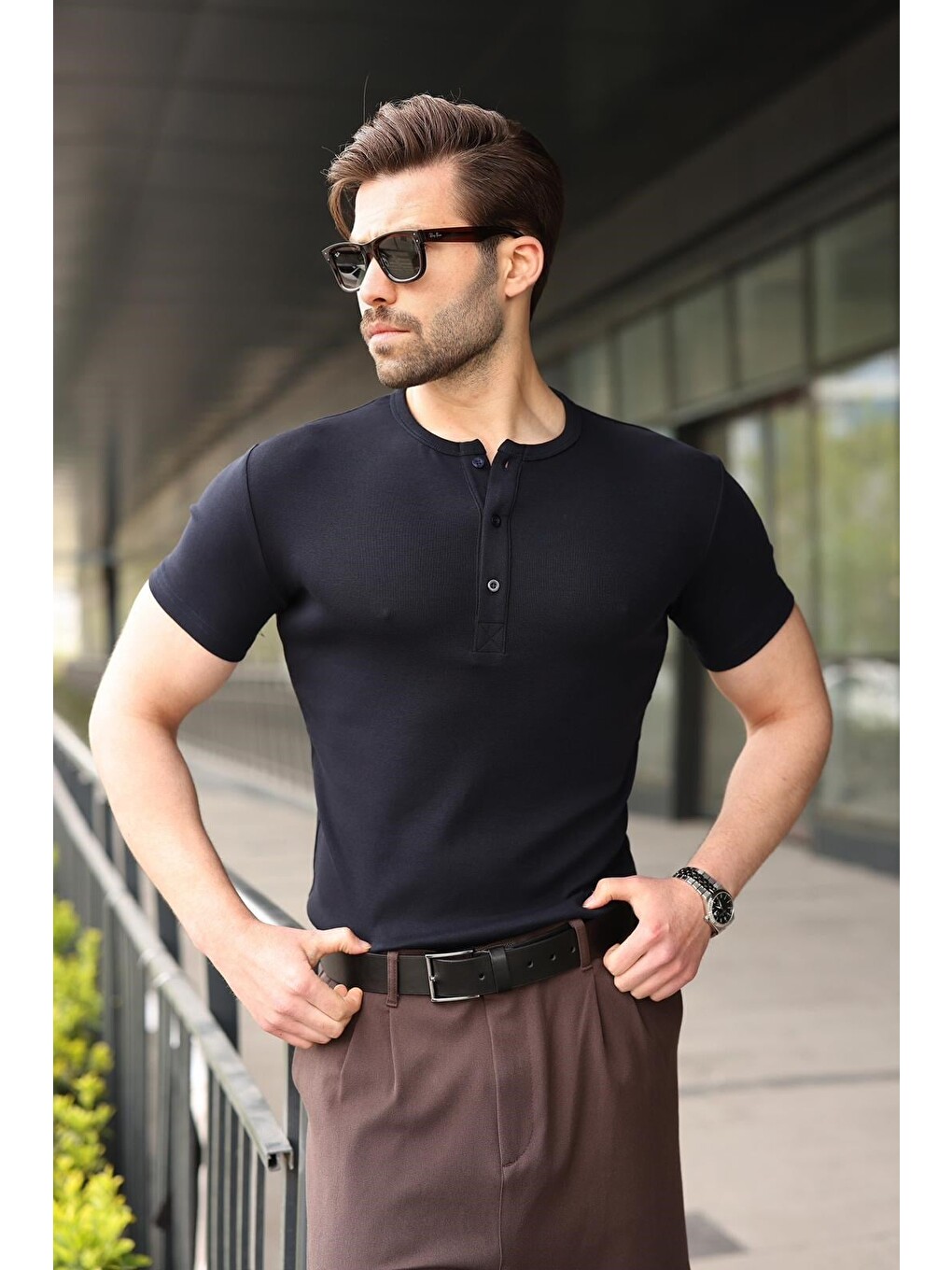 Lacivert Yarım Düğmeli Slim Fit Erkek Tişört E7186-4