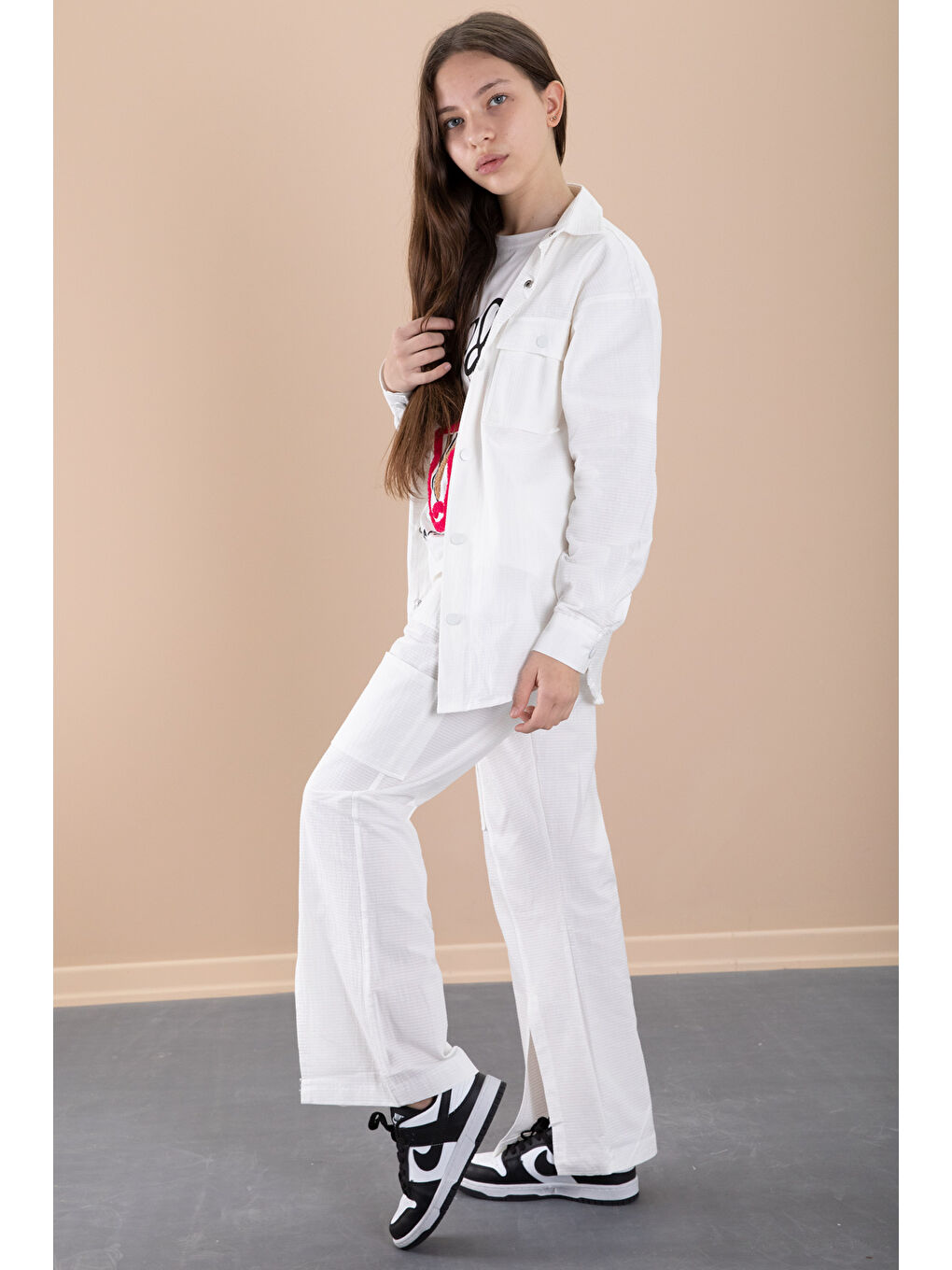 Ekru Kız Çocuk Çiçek Baskılı Gömlekli Jogger Pantolonlu 3lü Takım 20472-4