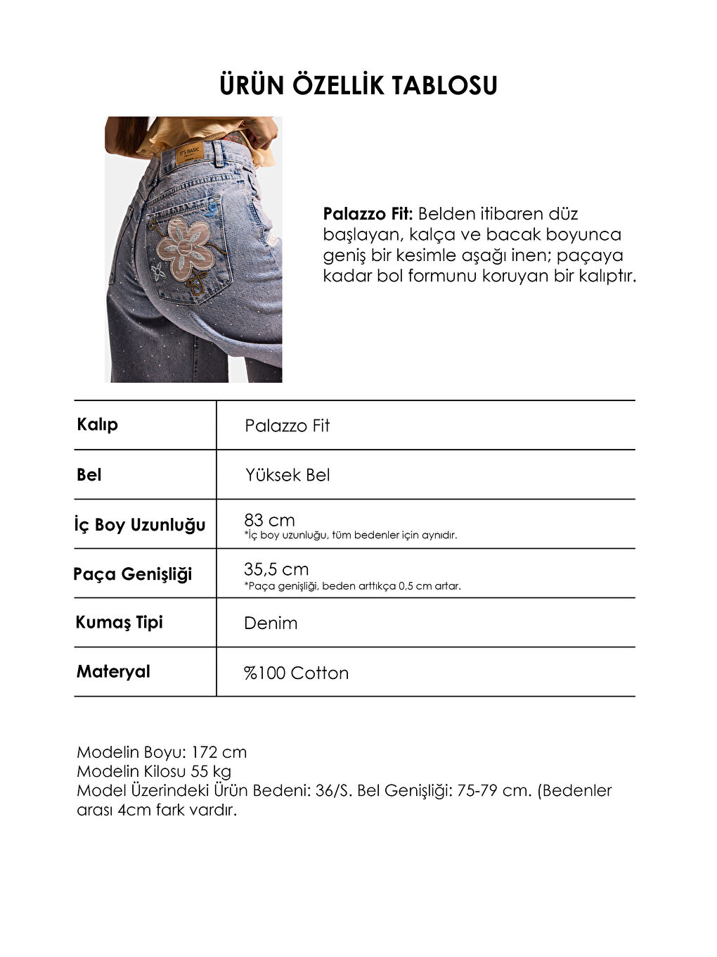 Mavi Kadın Jean Rengi T-3s6-89 Palazzo Fit Nakış ve Parlak Taşlı Özel Tasarım Denim Jean-3