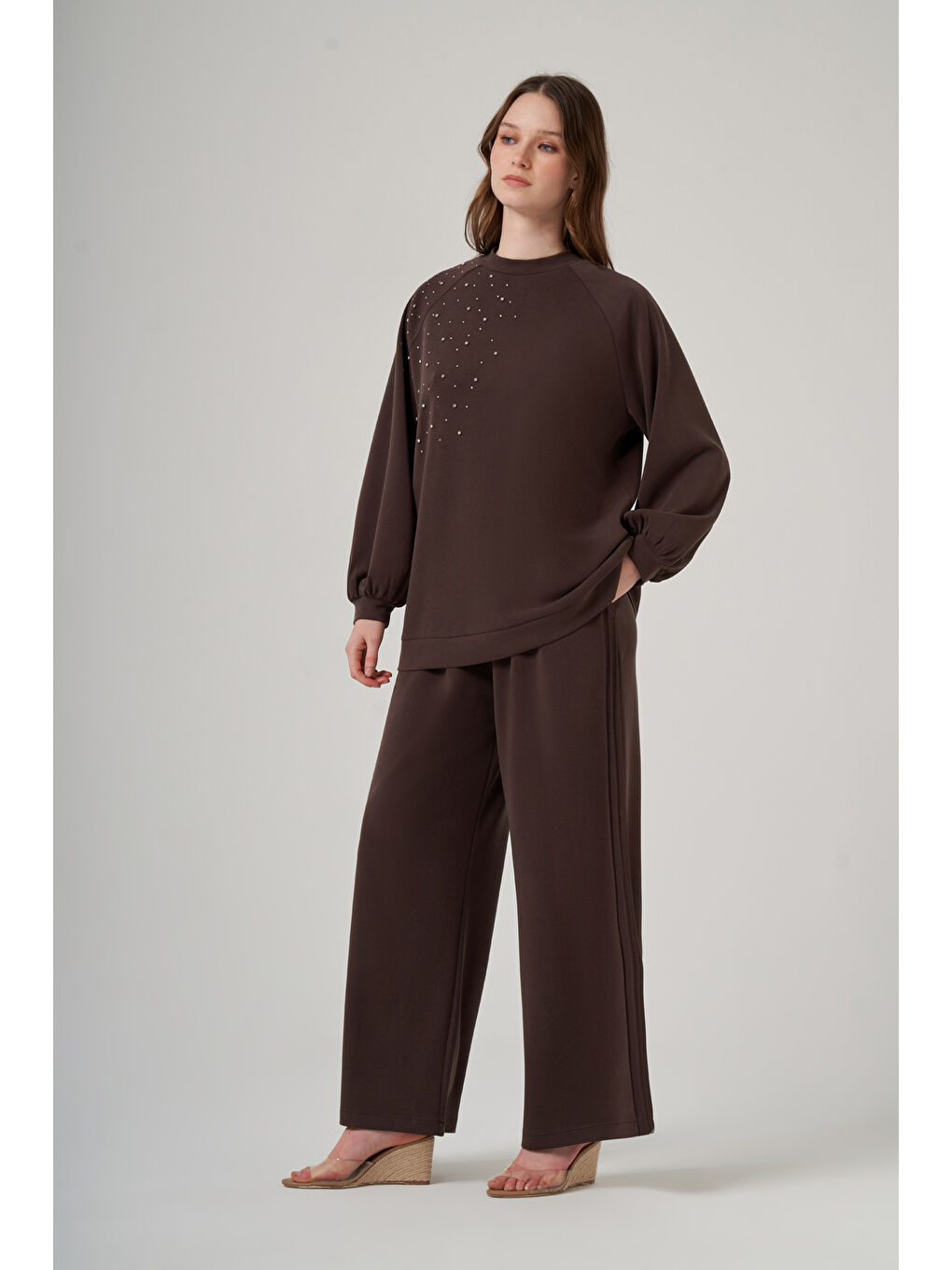 Taş Zımba Detay Tunik Pantolon Takım 1076 Kahverengi-3