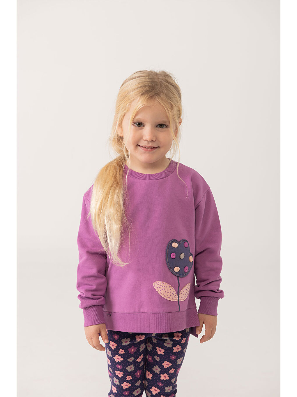 Mor Kız Çocuk Çiçek Nakışlı Sweatshirt