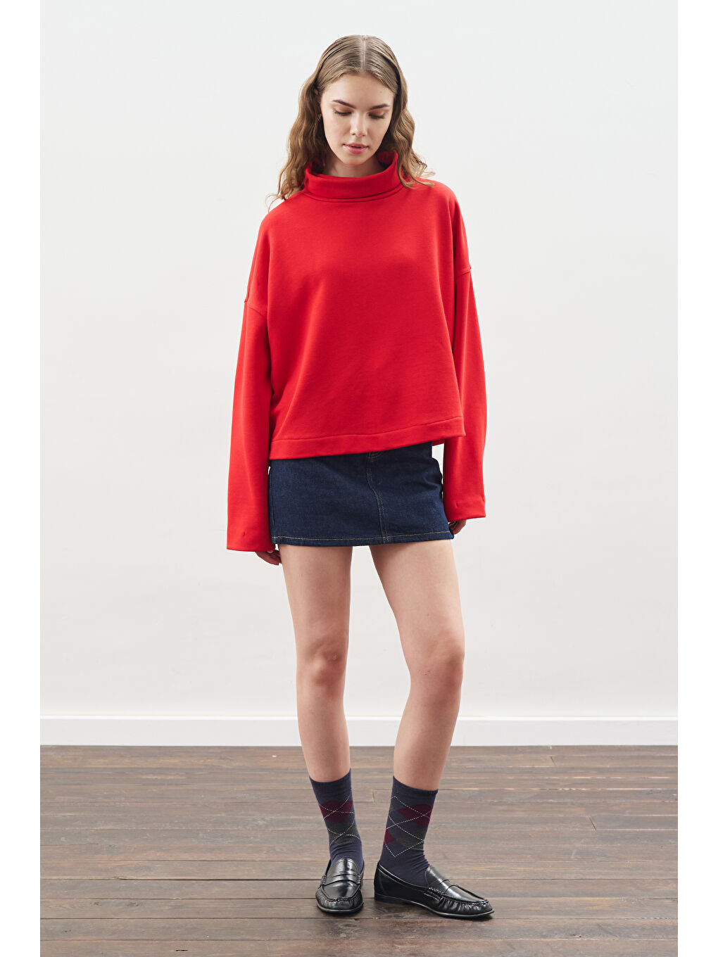 Yüksek Yakalı Oversıze Sweatshırt Kırmızı-1