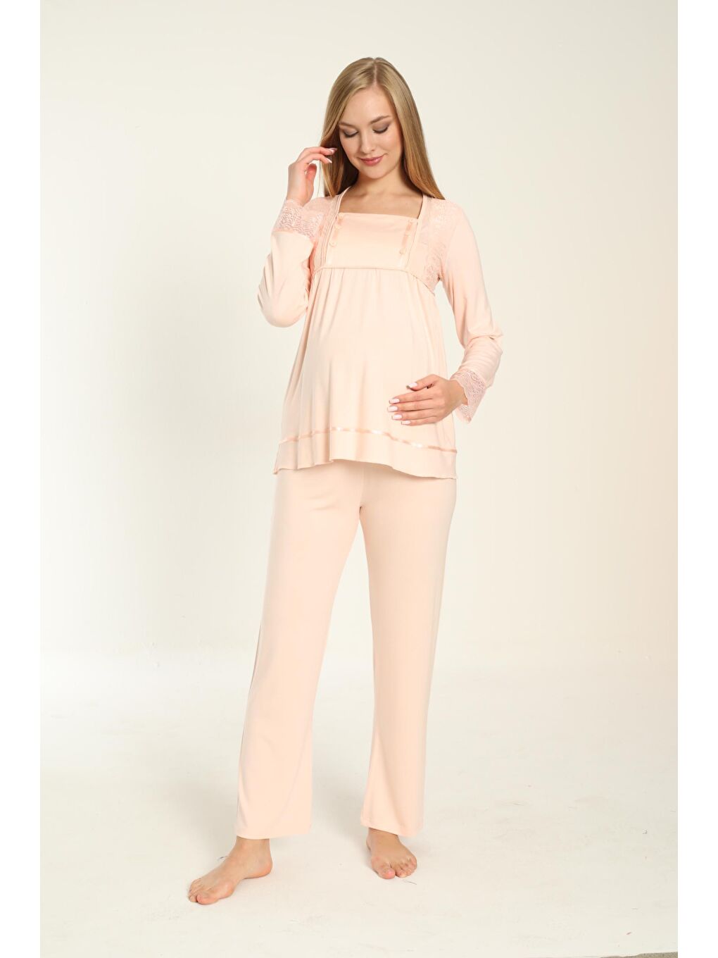Pembe Uzun Kol Somon Hamile ve Lohusa Pijama Takımı-2