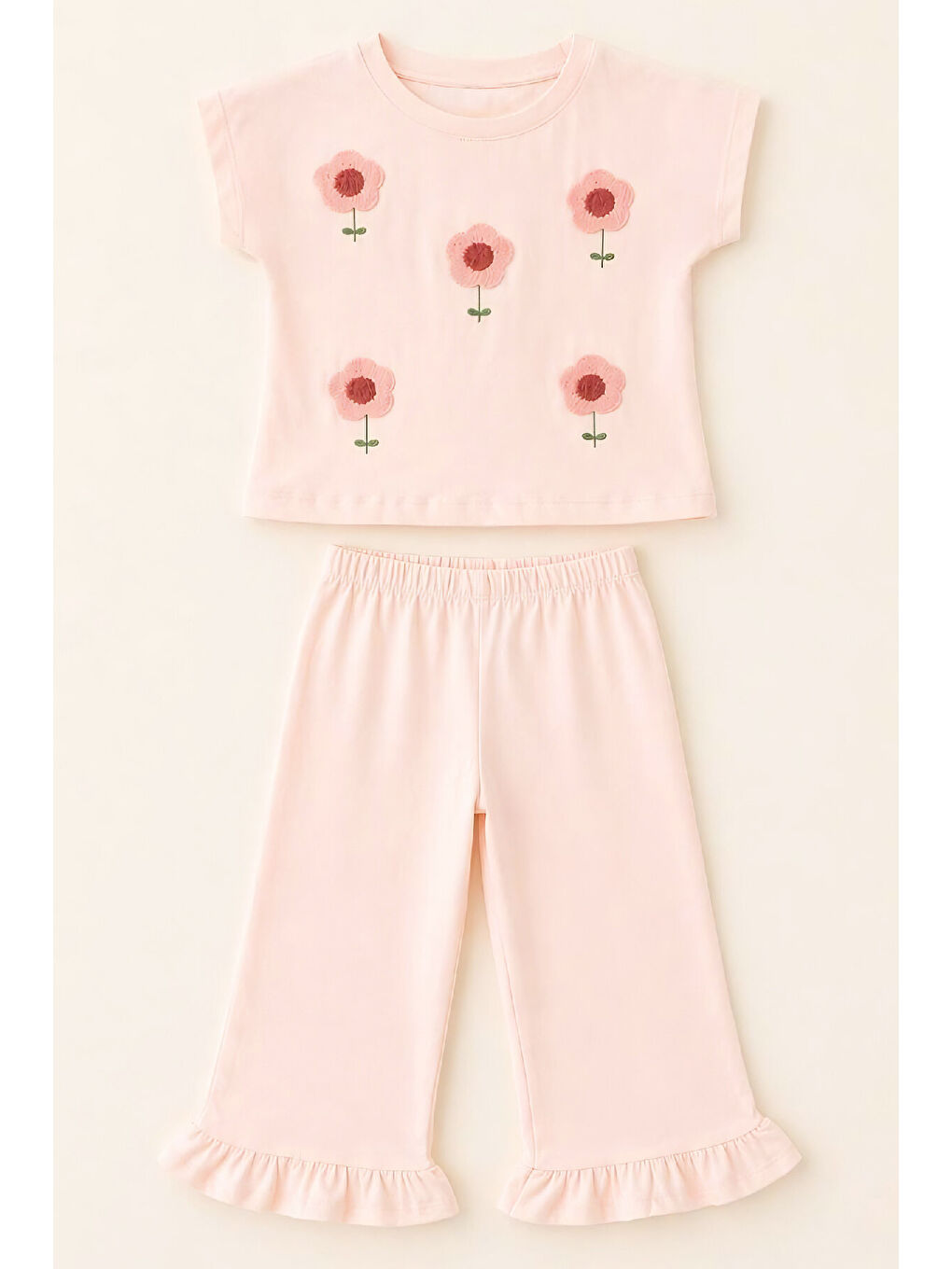 Pembe Kız Çocuk Çiçek Nakışlı Alt-Üst Takım 3-10 Yaş 12651OZ-1