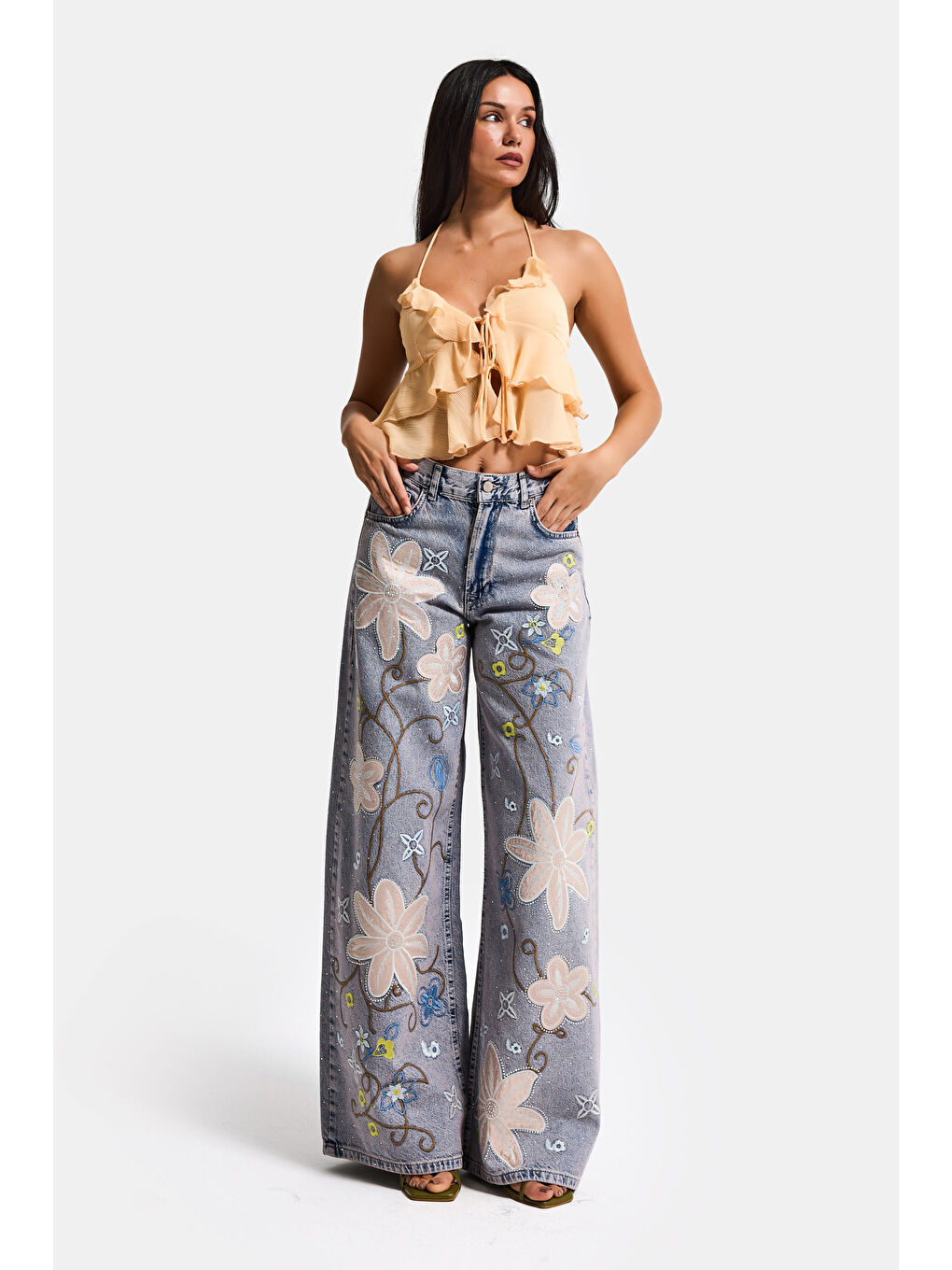 Mavi Kadın Jean Rengi T-3s6-89 Palazzo Fit Nakış ve Parlak Taşlı Özel Tasarım Denim Jean-4