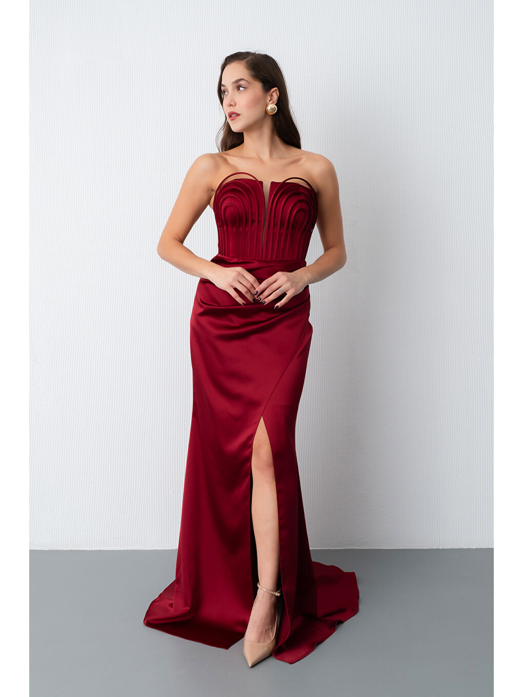 Kadın Bordo Yaka Detay Saten Uzun Söz Nişan Abiye Elbise-1