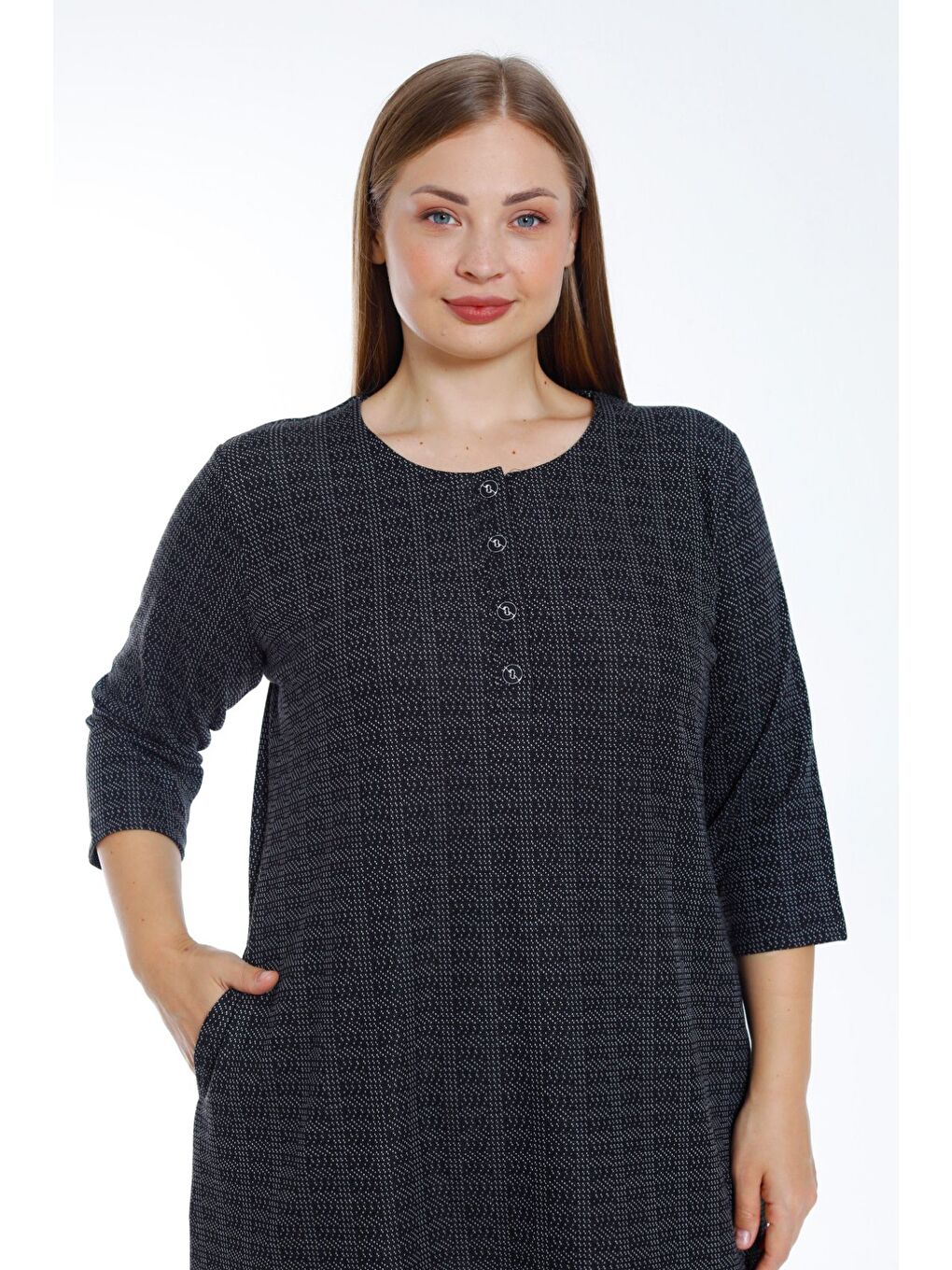 Siyah Desenli Düğmeli Cepli Truvakar Kollu Kadın Büyük Beden Jakarlı Elbise-2