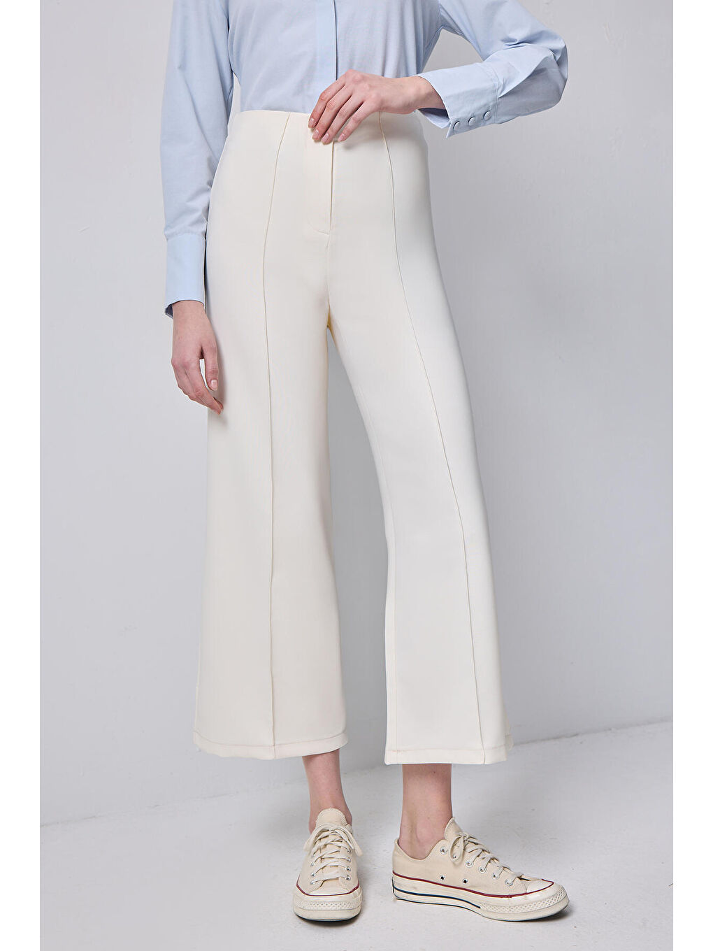Ekru Nervürlü Krep Pantolon-1