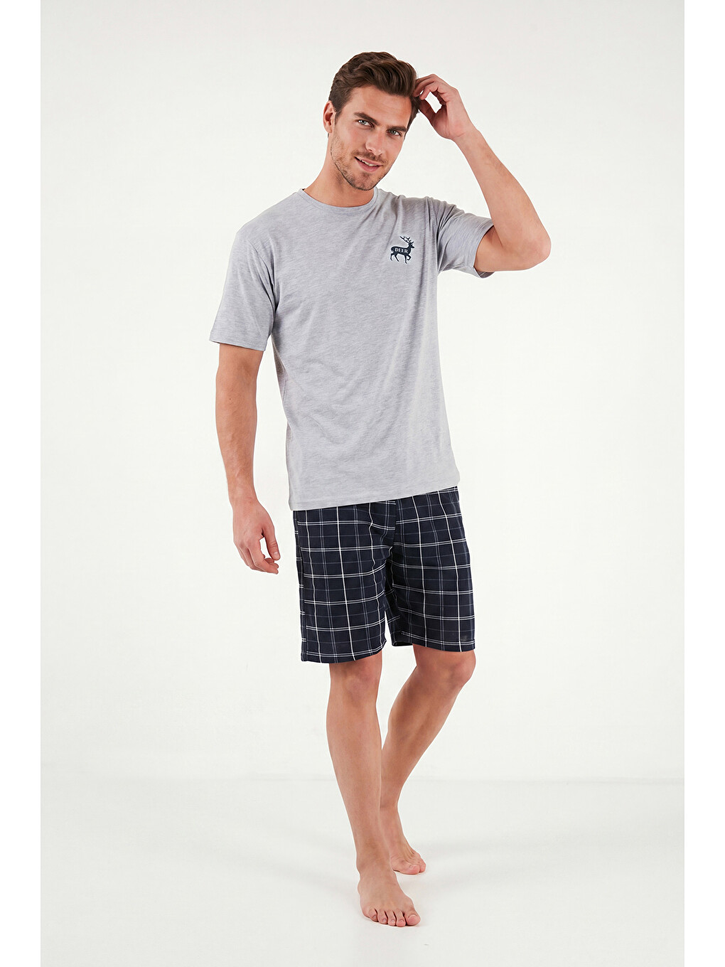 Gri Kareli Pamuklu Regular Fit Şortlu Pijama Takımı 6572022-2