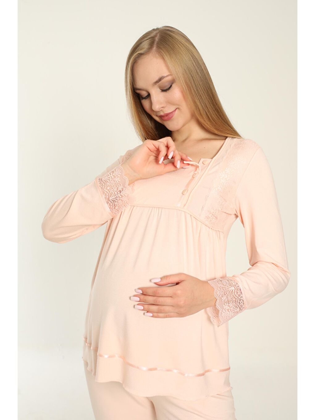 Pembe Uzun Kol Somon Hamile ve Lohusa Pijama Takımı-3