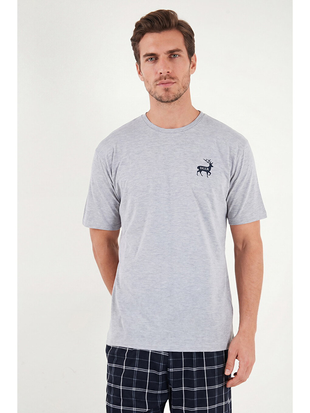 Gri Kareli Pamuklu Regular Fit Şortlu Pijama Takımı 6572022-3