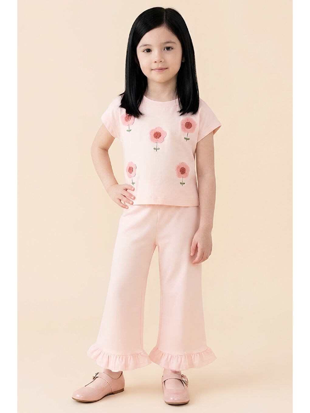 Pembe Kız Çocuk Çiçek Nakışlı Alt-Üst Takım 3-10 Yaş 12651OZ-2