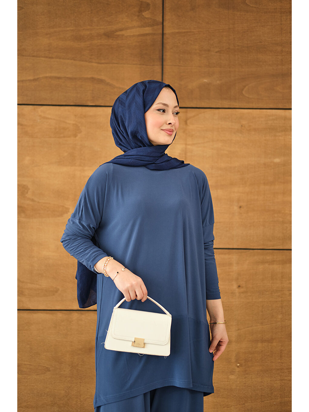 Kadın Dikiş Detay Yırtmaçlı Takım İndigo Mavi-1