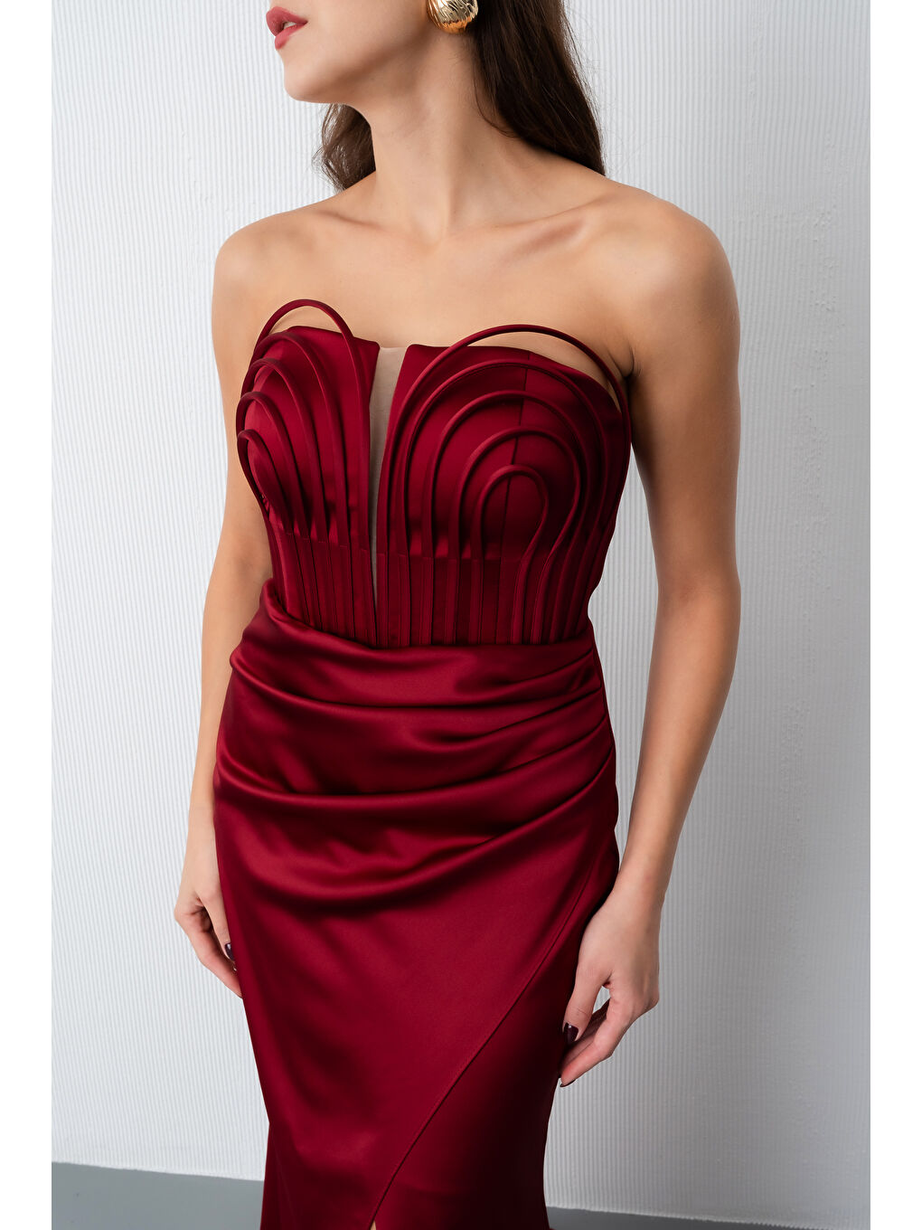 Kadın Bordo Yaka Detay Saten Uzun Söz Nişan Abiye Elbise-3