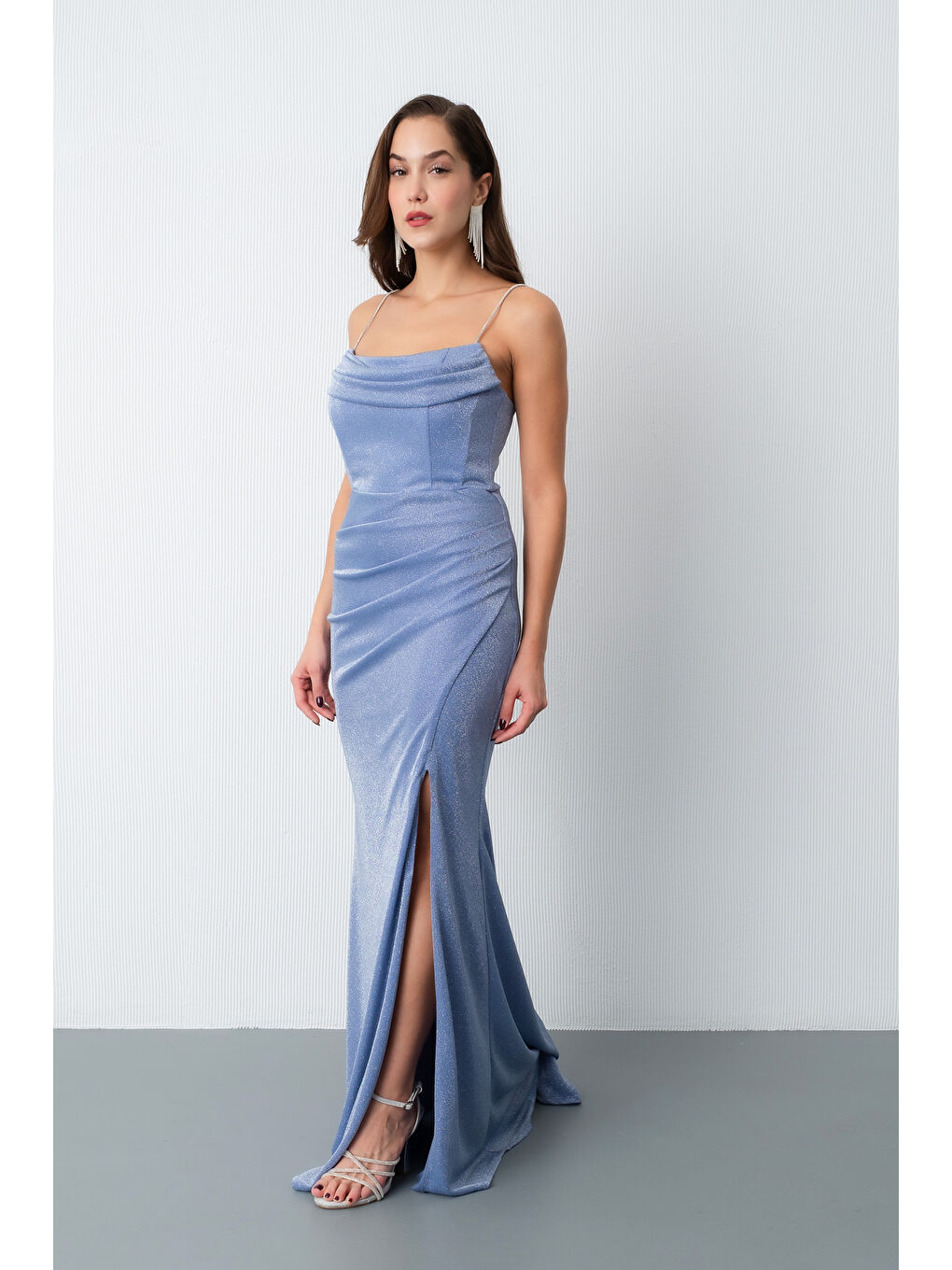 Kadın İndigo Askılı Simli Örme Abiye Elbise-1