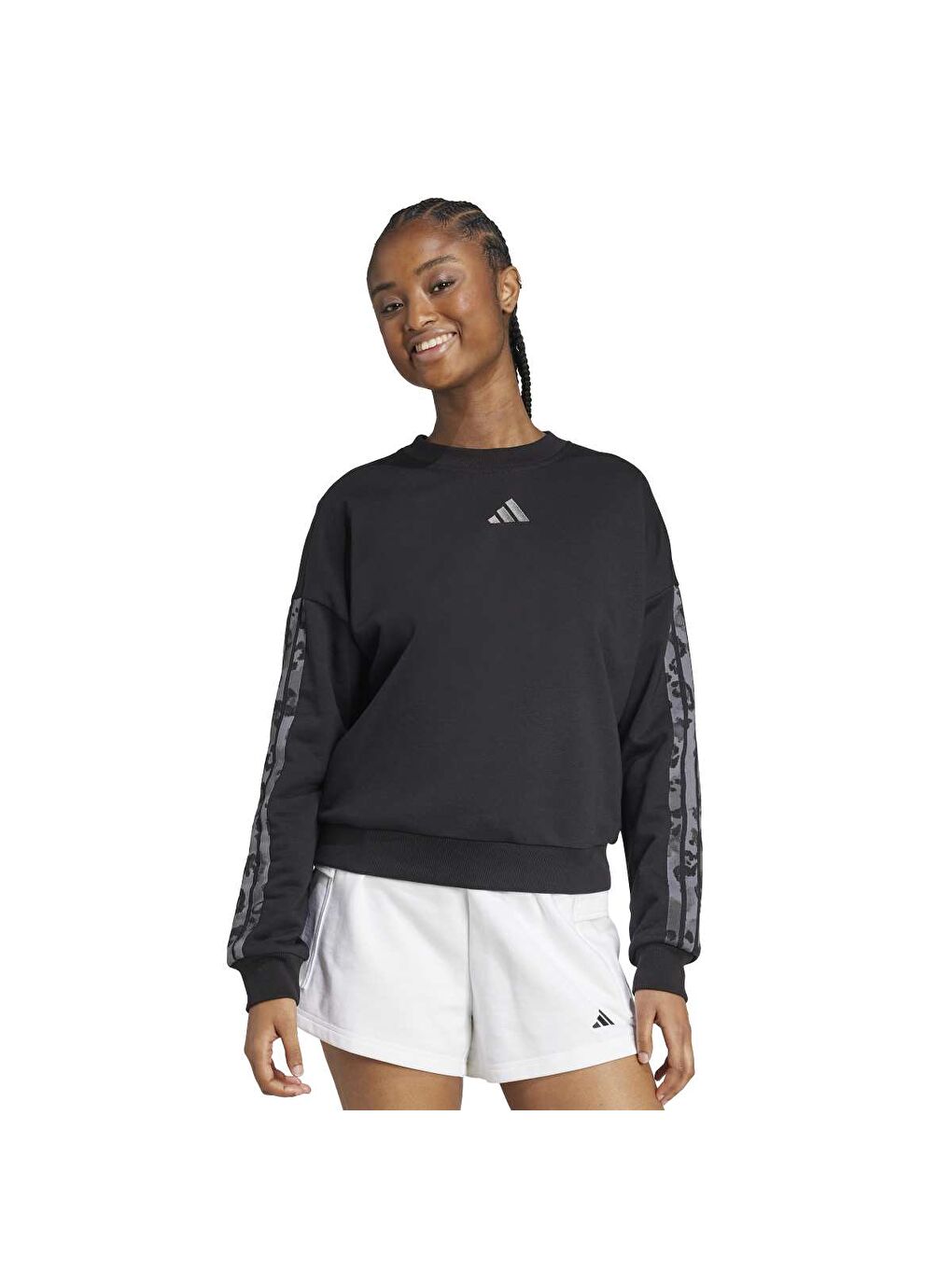 All Over Print Kadın Siyah Bisiklet Yaka Sweatshirt