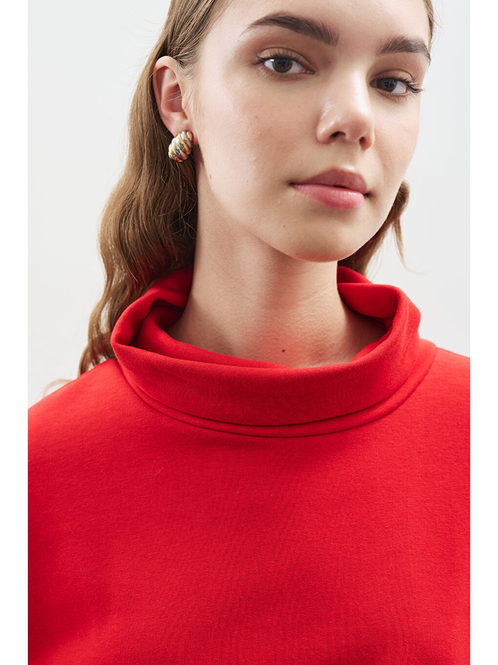 Yüksek Yakalı Oversıze Sweatshırt Kırmızı-4