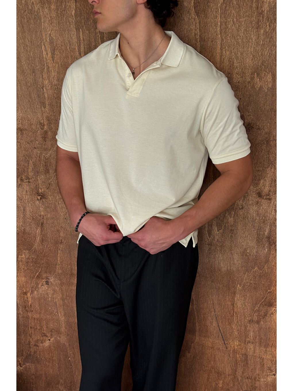 Sarı Erkek %100 Pamuk Düğmeli Polo Yaka T-Shirt-1