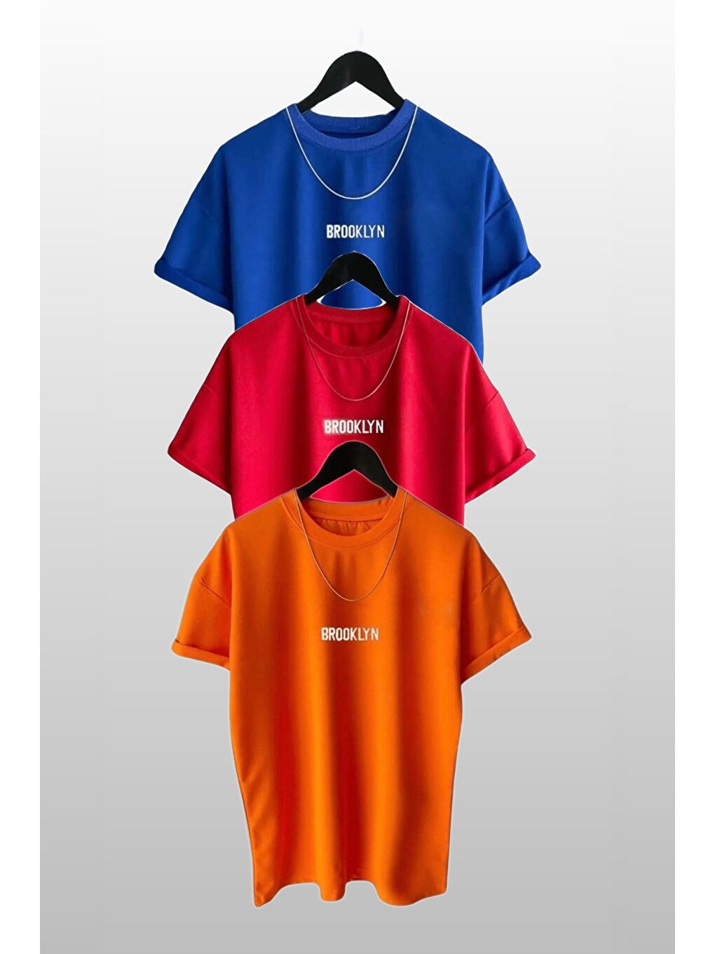 Kadın Brooklyn Baskılı 3lü Paket Mavi Kırmızı Turuncu T Shirt