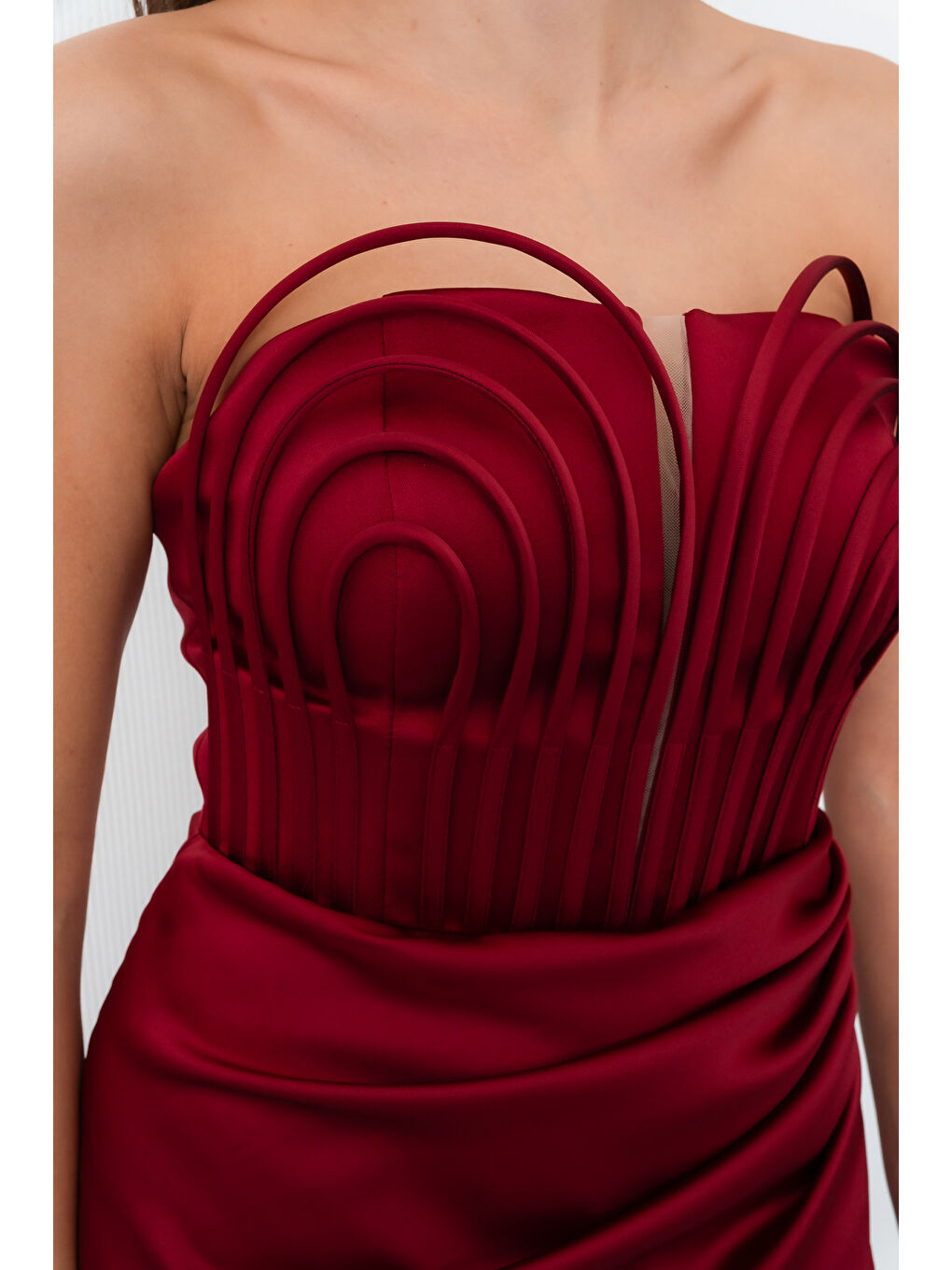 Kadın Bordo Yaka Detay Saten Uzun Söz Nişan Abiye Elbise-4