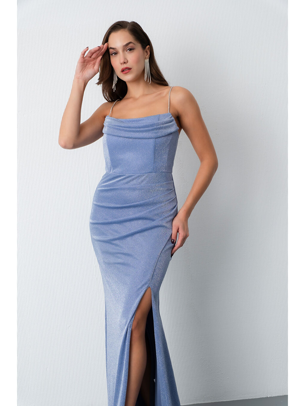 Kadın İndigo Askılı Simli Örme Abiye Elbise-2