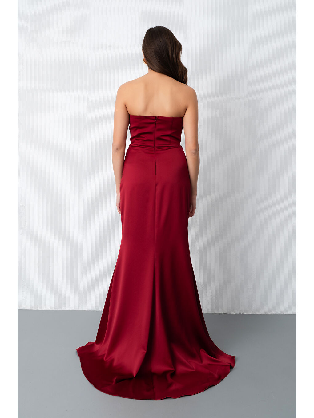 Kadın Bordo Yaka Detay Saten Uzun Söz Nişan Abiye Elbise-5